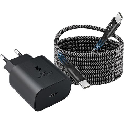 Chargeur pour Samsung Charge Rapide, 25W USB C Chargeur Ultra Rapide et 2M Nylon Cable Type C pour Samsung Galaxy A72 A55 A54 A53 A40 A34 A33 A25 A15 A14 A13, S25 S24 S23 S22 S21 S20 FE/Plus/Ultra (1/5)