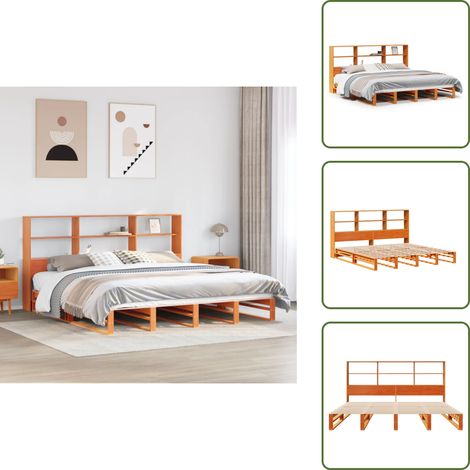 Lit bibliothèque sans matelas cire marron 180x200cm bois massif - Lit Bibliothèque - Lits Bibliothèque - Lit - Lit Double