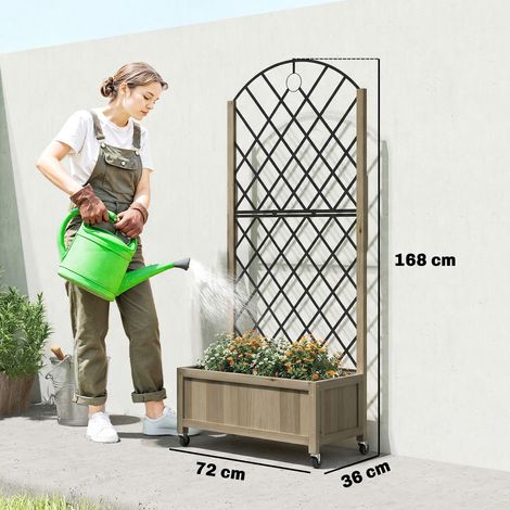 Jardinière en bois avec avec treillis métallique et roulettes pour plantes grimpantes pliable 72 x 36 x 168 cm carbonis pour salon pour jardin grimpantes, fleurs surélevé carbonisé (1/5)