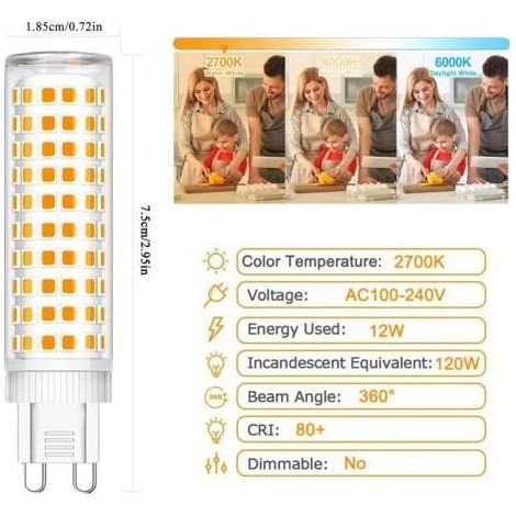 Ampoule LED G9 12W, G9 LED Ampoule équivalen 120W Halogène Led, Blanc Chaud 2700K, CRI80, AC100-240V, Non Dimmable, Lot de 5 [Classe énergétique A] (1/5)