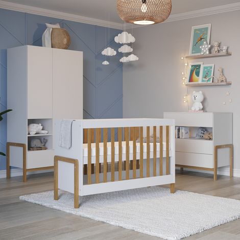 Cameretta completa di lettino 60x120, cassettiera a 3 cassetti e armadio a 2 ante Kocot Kids Victor - Bianco e Rovere