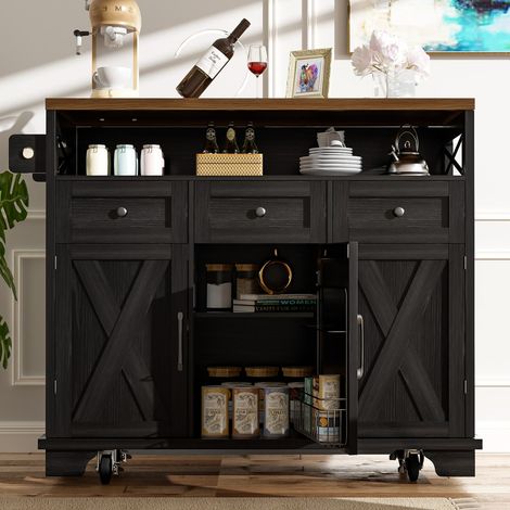 Îlot de cuisine moderne 118 x 43-70 x 98 cm avec roulettes, bois naturel, rangement multifonction et séparateurs amovibles, noir (1/5)