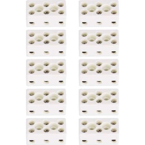 Lot de 10 borniers en céramique à 3 voies pour câble électrique, connecteurs en céramique porcelaine haute température 24 A, 3 positions 8 trous 33.53x17.85x15.50mm