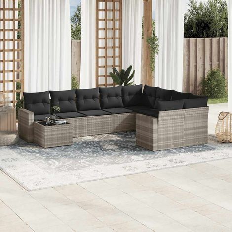 Ensemble de Salon de Jardin 10 Pièces Gris Clair Résine Tressée Table Verre Trempé Coussins Dossiers Amovibles et Lavables Canapé d'Angle et Central avec Accoudoirs (1/5)