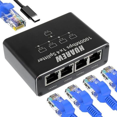 Switch Ethernet 1 à 4,Switch RJ45 Splitter,4 Ports 1000Mbps Commutateur Ethernet avec Cordon d'alimentation USB C pour Ordinateur (1/5)