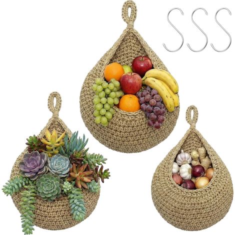 Lot de 3 Panier Jute Tressé, Forme Goutte d'Eau, Mural pour Cuisine et Salon (1/5)