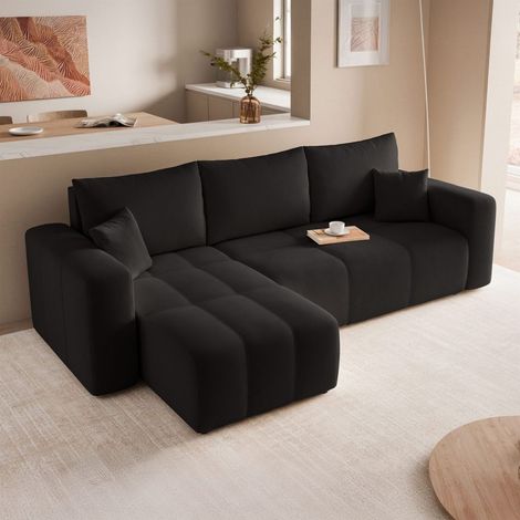 Ecksofa Schlafsofa Sofa LEROS in Stoff Manila Schwarz Ottomane Links
