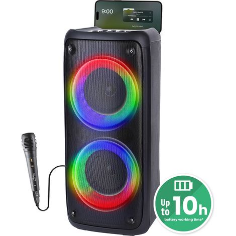 Funbox BT - Potente altoparlante Bluetooth 5.0 +EDR con funzione karaoke aggiuntiva, TWS, MP3, USB, schede microSD e illuminazione RGB. Microfono a cavo incluso. Batteria agli ioni di litio. Potenza R (1/5)