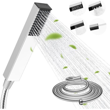 Douchette à main réglable en acier inoxydable à 4 types de jet avec tuyau en acier inoxydable de 1,5 m, haute pression, douchette à économie d'eau pour faible pression d'eau, installation (1/5)