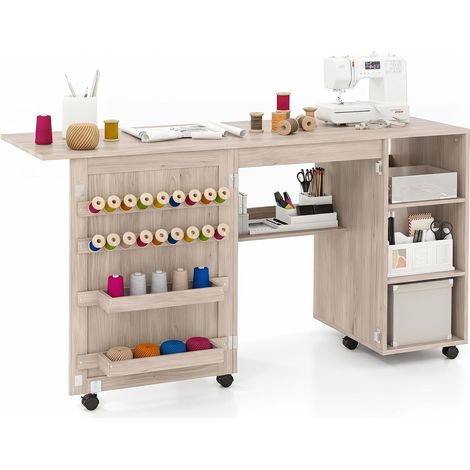 Table de Couture Pliante, Meuble Machine à Coudre avec 4 Compartiments Ouverts, 18 Rangées de Bâtonnets, 2 Plateaux de Rangement, Beige