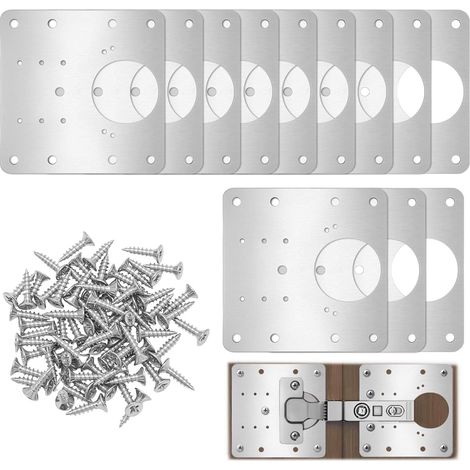 12 Pièces plaque reparation charniere, 9 x 9 cm plaque réparation charnière en inox avec vis, pour la réparation de portes et de meubles (1/5)