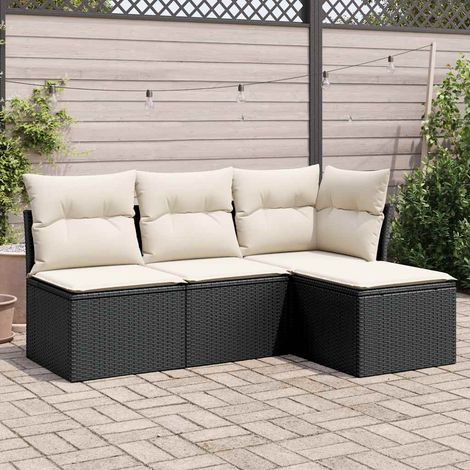 Ensemble de jardin résine tressée noir 4 places avec coussins et tabouret (1/4)