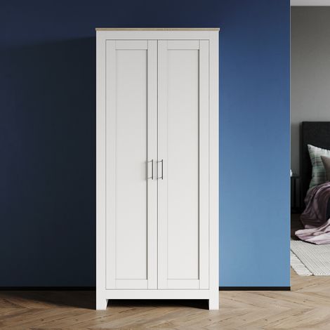 ELEGANT Modern Wardrobe 2 Door Double Wardrobe with Stainless Steel Handles and Aluminium Hanging Rail White/Oak Wardrobe (1/5)