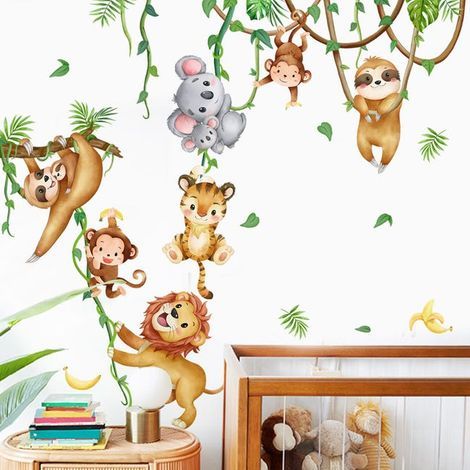 Jungle animal wall stickers: koala, lion, monkey, sloth, vine. Wall decoration for children's room, baby's room, nursery, living room. (1/5)