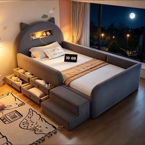 Lit enfant capitonné 90x200 cm, tête de lit en forme d'oreille mignonne, avec rangement, veilleuse et port USB sur la tête de lit, repose-pieds amovible et tiroir de rangement, tissu velours, couleur (1/5)