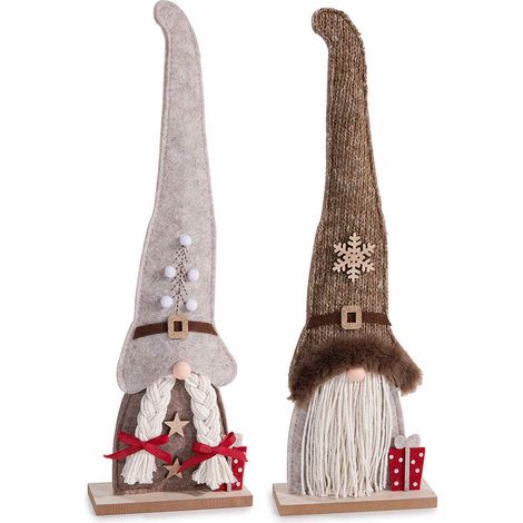 Mamma e Babbo Natale in panno con decori fiocco di neve su cappello, pacco doni e fiocchetto, su base in legno, set da 6 pezzi, cm 13 x 5 x 40 H