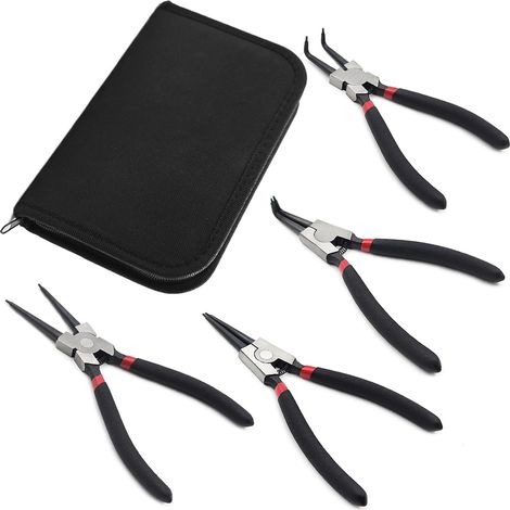 Lot de 4 pinces à circlips de 17,8 cm avec pochette de rangement, kit de pinces à circlips internes/externes avec mâchoire droite/courbée, pince à ressort pour enlever les anneaux (1/5)