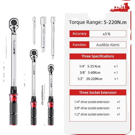 Llave dinamométrica de precisión industrial, diseño ergonómico, 5-220 N·m (1/2)