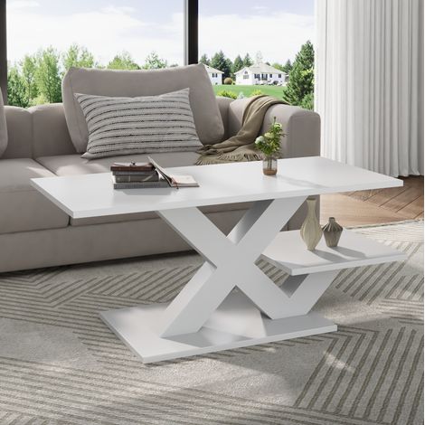 Mesa de centro rectangular de 100x48x45 cm con 2 estantes, estructura en forma de X, superficie de MDF blanco brillante. (1/5)