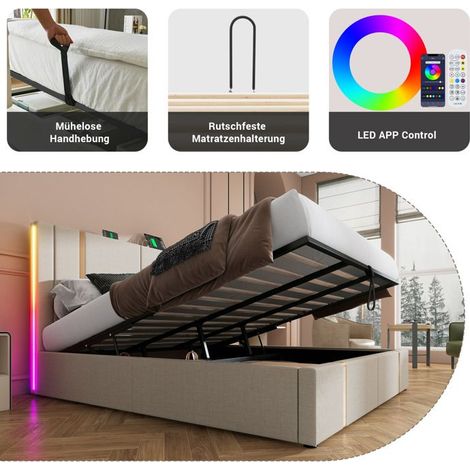 Lit double rembourré - 180x200 cm - Beige - Éclairage LED RGB - Rangement sous le lit (1/5)