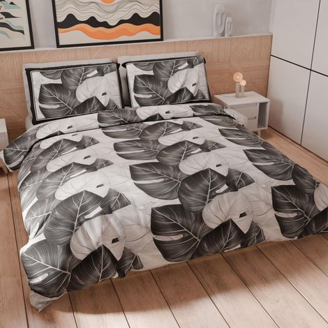 Housse de Couette King Size 260x240 cm (2 Taies 50x80 cm Incluses), Parure en Microfibre Imprimée Tropical Noir A (1/5)