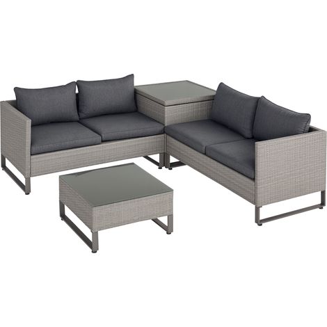 Outsunny 4 Pieces Rattan Garden Furniture Set, 4 Seater Garden Sofa Set with Storage Box, Loveseats and Glass Top Table, Wicker Outdoor Conservatory Furniture with Cushions for Outdoor, Patio, Grey