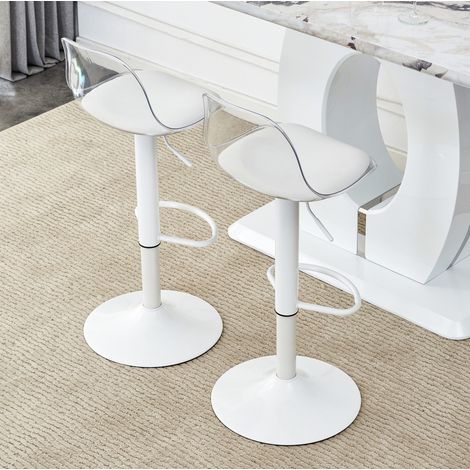 Lot de 2 tabourets de bar réglables, dossier transparent, rotation à 360 degrés, repose pieds, métal blanc et plastique (1/5)