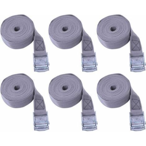 Sangle a cliquet Lot de 6, Sangle Bagage polypropylène, Sangles d'arrimage, Utilisé pour Voiture, Moto, Kayak, reglable, Frottement résistant à l'usure, Pas Facile à corroder (Gris, 25mmX2m) (1/4)