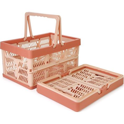Panier de courses pliable - 42,5 x 33 x 24 cm - Orange - Grande boîte de rangement avec poignée, en plastique - Portable et compact (1/5)
