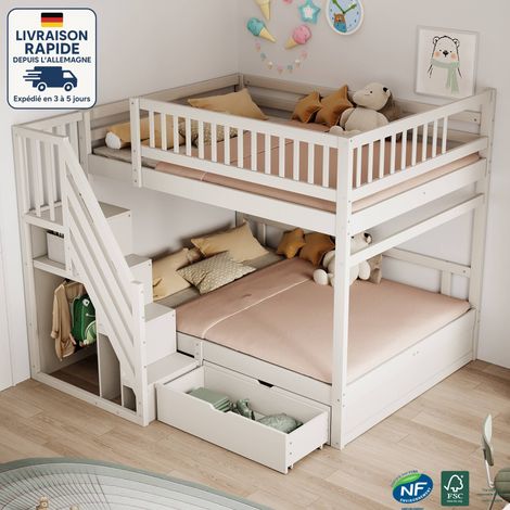 Litera 140x200 cm, madera certificada PEFC, cama de seguridad reforzada con barandillas altas, somier de láminas, escalera de seguridad con almacenaje, cajones de almacenaje - Blanco (1/5)