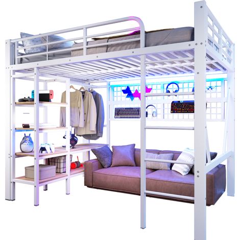 Lit mezzanine 140 x 200 cm en métal et MDF, avec LED pilotée par application, rangement, tringle et espace ouvert sous le lit, blanc - CHICFURN (1/5)