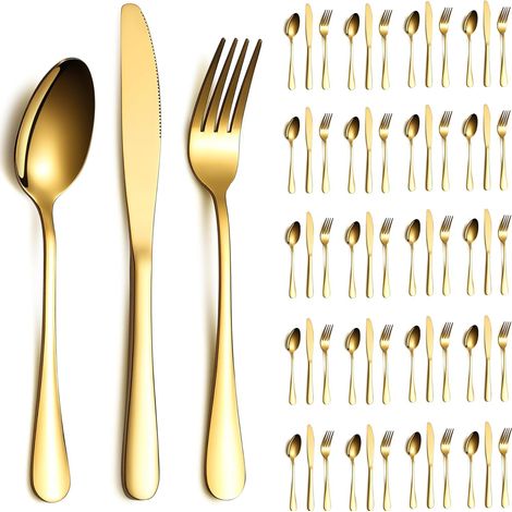 Ensemble de couverts en or 60 pièces Service pour 20, couteaux en acier inoxydable cuillère fourchettes ensemble pour mariage, fêtes, événements, maison, cadeau pour Thanksgiving (1/5)