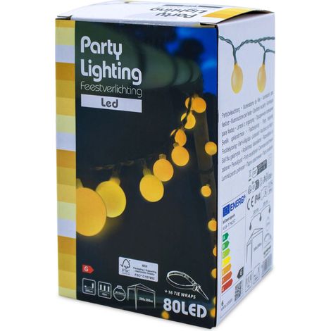 LED Party Lichterkette mit 80 Kugeln - warm weiß mit Netzteil - Festbeleuchtung mit ca. 16 m Länge - Pavillon Außen Party Garten Beleuchtung