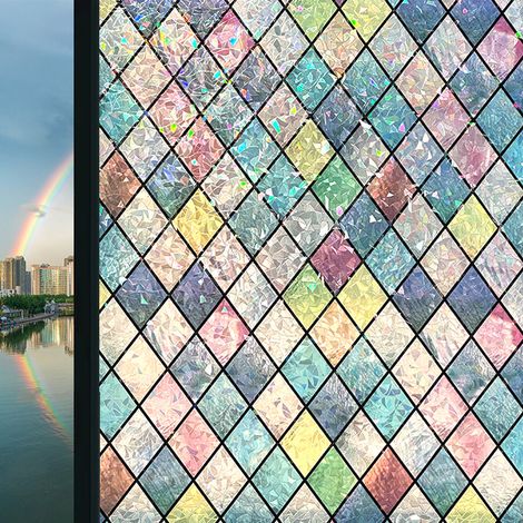 Film de confidentialité pour fenêtre effet arc-en-ciel 50 x 200 cm, statique, motif diamant, protection UV, non adhésif, teinté, décoratif (1/5)