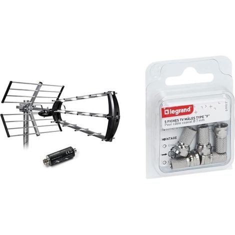 Antenne d'extérieur trinappe 26 DB + Filtre 694mHz Gris & Legrand Fiche mâle télévision coaxiale x5 Type F.[Q128]