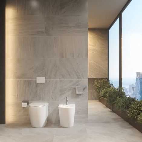 Sanitaires encastrés confortables en céramique blanche brillante cuvette sans rebord h44 5 cm avec couvercle à fermeture douce et bidet Europa (1/5)