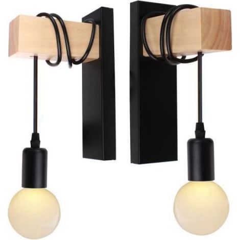 Applique Murale - Acier Et Bois - Noir - Hauteur 22 Cm - Pour Salon Chambre Couloir - 2 Pièces (1/4)