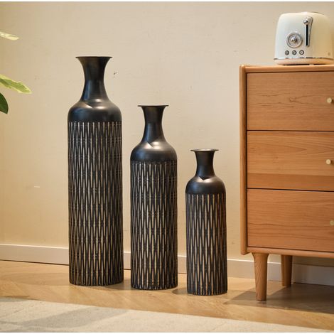 Vases de sol en métal, lot de 3, noir, motif rainuré vertical OKMYHOME (1/5)