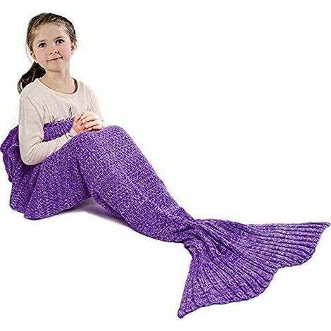 Couverture sirène tricotée à la main, chaude et personnalisée, jeté de canapé pour le salon, cadeau de Noël ou d'anniversaire pour enfants, sac de couchage à motif sirène tricoté (violet) (1/5)