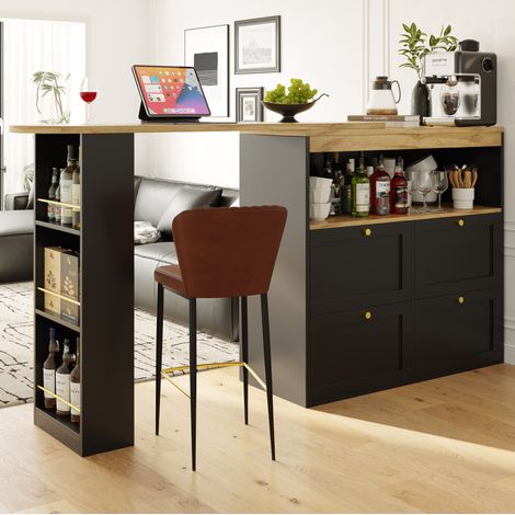 Armario bar giratorio 138x39x104 cm negro en MDF con 4 cajones y estantes abiertos (1/5)