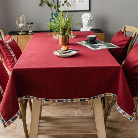 Nappe Rectangulaire Coton Lin Vintage Bohème Rouge 130x220cm Infroissable Lavable