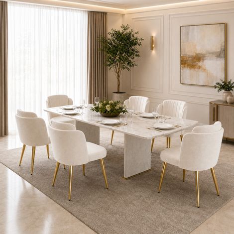 Pack de 6 sillas de comedor - 58,5 x 62 x 78 cm - respaldo curvado, patas doradas ajustables, estilo moderno - tela - blanco (1/5)