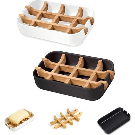 Porte-savon en bambou, porte-savon en bambou naturel avec système de drainage et rangement, durable et anti-moisissure (lot de 2 (noir + blanc)) (1/4)