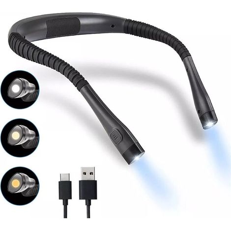 Reading Light for Bedroom Eye Protection Neck Lamp 3 Colors Flexible Arm Rechargeable USB Type-C Black