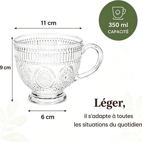 Tasse de Petit Déjeuner Transparent Mug en Verre Cristal Tasses à Café Résistant à Chaleur Rétro Verre Borosilicate Avec Relief Tournesol Tasse de Verre Paroi Épais pour Eau Thé Avoine Yogourt (1/4)