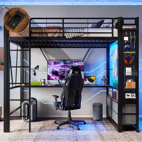 DESVIAE Lit mezzanine 90 x 200 cm en métal avec bureau barre de penderie étagères 4 tiroirs bande LED prise USB type C noir (1/5)