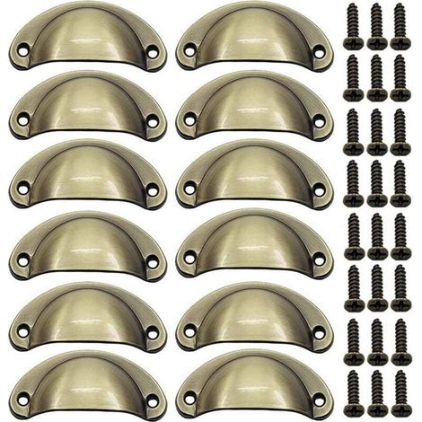 12 PCS Poignée de Porte Coquille Rétro 82mm Poignée pour Meuble Tiroir Vintage avec Vis Bronze Brossé (1/4)