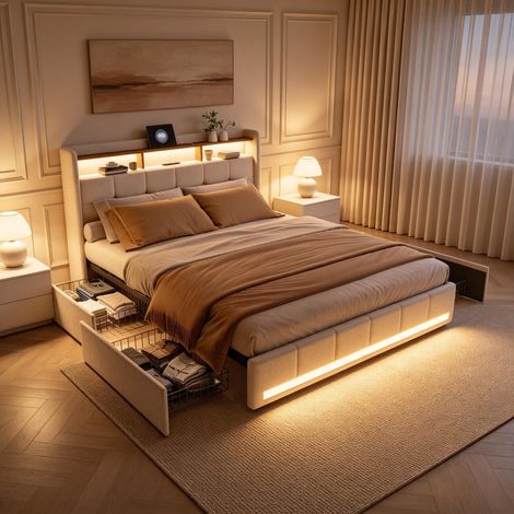 Lit 160x200 avec tiroirs,lit double capitonné,avec sommier à lattes,LED réglable,USB+tpcy,4 tiroirs,tissu en lin,Beige (1/5)