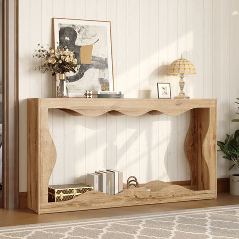 Console 160.5x30x86.5 cm naturel en panneau de particules avec étagère ouverte et bord ondulé (1/5)