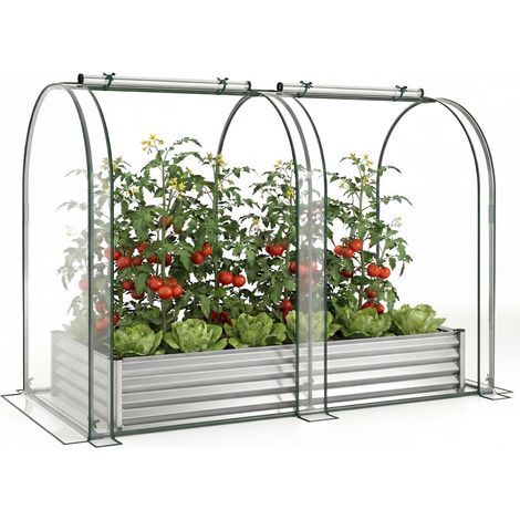 Carré potager surélevé argenté en métal galvanisé avec serre PVC transparente (1/5)